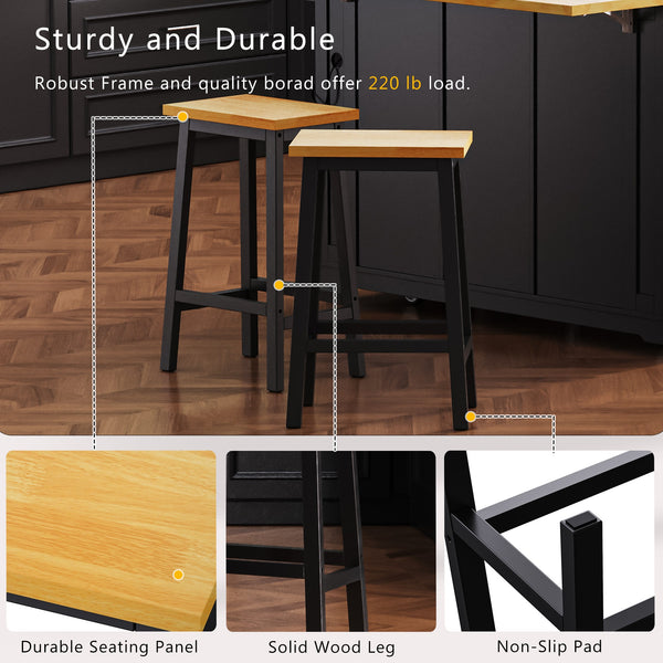 English Elm K&K 48in Kitchen Island Set with 2 Stools, Built-In Power Station, Drop Leaf & Ample Storage Space Black N707S000015B