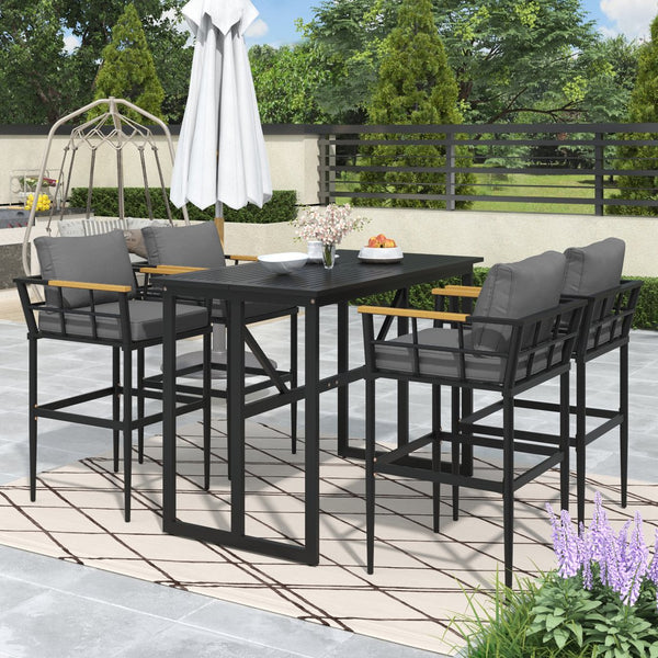 English Elm U_Style Iron Outdoor Dining Set with Acacia Wood Armrests, 5-Piece Patio Set with Cushioned Seats and 400 lb Capacity Gray WY000445AAE