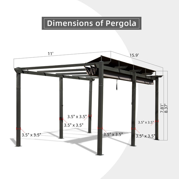 English Elm 11 11 X 16 FT Retractable Pergola with Weather-Resistant Canopy, Aluminum Frame, Easy Assembly, Versatile Outdoor Shade and Entertainment Space Dark Gray W1859S00078