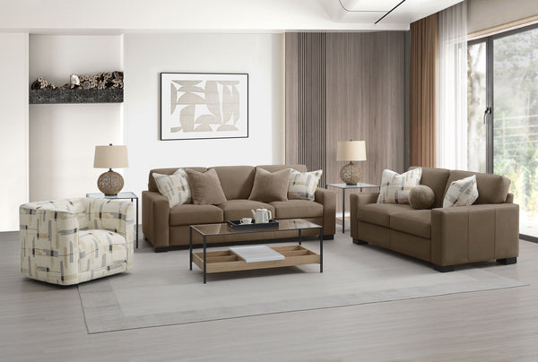 English Elm Darya 3Pcs Suede/Fabric Living Room Set — Beige Brown Multi 1 Chair Swivel, Loveseat & Sofa, Pocket Coil Comfort B2726S00465