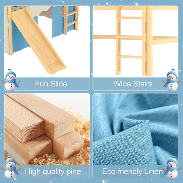 English Elm Full Size Pine Loft Bed with Slide Tent Panels Led Lights and Play Space Below W1580S00292