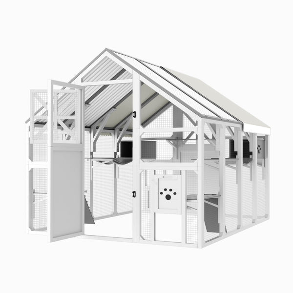 English Elm Large Walk-in Pine Wood Catio Enclosure with Platforms Resting Boxes and Planter Grey,White N704G201618K