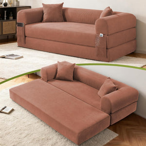 English Elm Convertible Corduroy Sleeper Sofa Queen Fold Out Bed with Dual Storage Pockets Pink W3396P483178