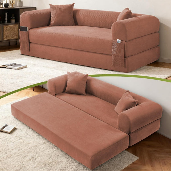English Elm Convertible Corduroy Sleeper Sofa Queen Fold Out Bed with Dual Storage Pockets Pink W3396P483178