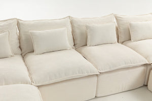English Elm 129.8" Wide Modular Cloud Sectional Cotton Linen Sofa with Deep Foam Seats and Ottomans Antique White W2530S00016