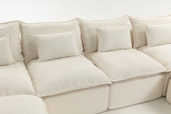 English Elm 129.8" Wide Modular Cloud Sectional Cotton Linen Sofa with Deep Foam Seats and Ottomans Antique White W2530S00016