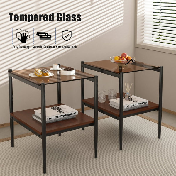 English Elm Set Of 2 Modern Rectangle End Tables With Tempered Glass Top & Mdf Shelf For Stylish Living Rooms W241P184253-GIGA