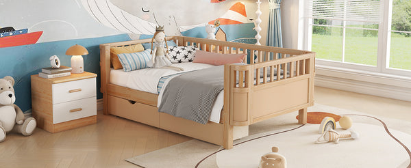 English Elm Twin Solid Wood Platform Bed with Guardrail for Kids, Low-Profile Sturdy Pine Frame, Safe Sleep Solution Natural 69.69 L x 18.5 W x 7.68 H W2593P331680