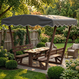 English Elm 5'x3' Wooden Gazebo Patio Shelter with Oxford Canopy Bench Seating and Slatted Table W1422S00075