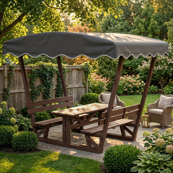 English Elm 5'x3' Wooden Gazebo Patio Shelter with Oxford Canopy Bench Seating and Slatted Table W1422S00075