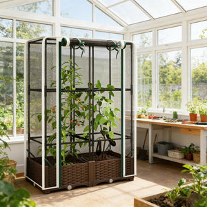 English Elm Crop Cage Raised Garden Bed with Trellis Mesh Enclosure and Built-in Water Reservoir T3971P454868