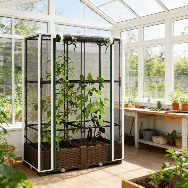 English Elm Crop Cage Raised Garden Bed with Trellis Mesh Enclosure and Built-in Water Reservoir T3971P454868