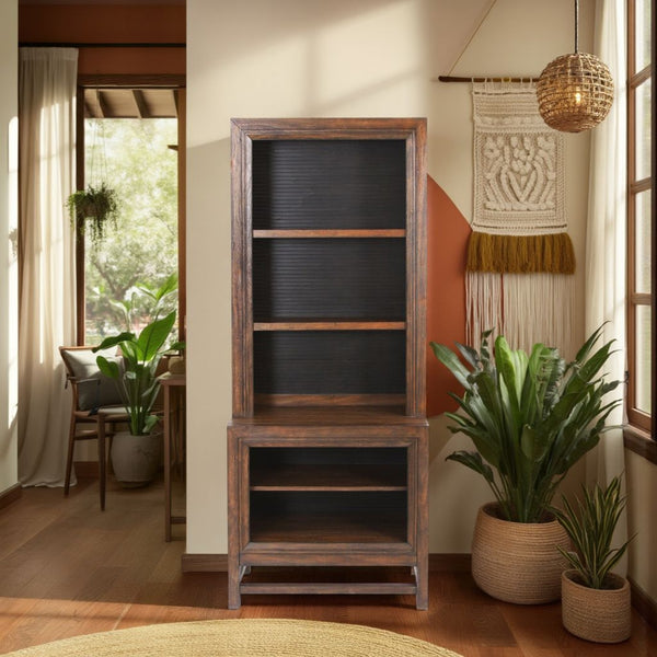 English Elm Bookcase Rustic Buckeye & Black Two-Tone Pier, 3 Shelves, Shutter Slat Details, Fully Assembled B108P163819