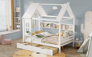 English Elm Full House Solid Wood Platform Bed with Window Roof, Under-Bed Drawers & Shelves for Kids' Rooms Light White W1580S00267