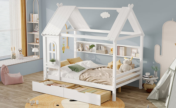 English Elm Full House Solid Wood Platform Bed with Window Roof, Under-Bed Drawers & Shelves for Kids' Rooms Light White W1580S00267