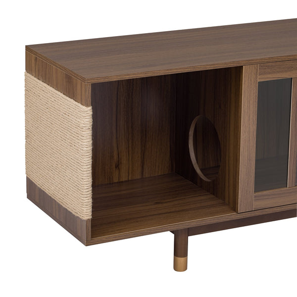 English Elm Mid-Century 74" Walnut TV Stand with Cat Litter House, Sliding Glass Doors, Sisal Scratcher, Sturdy Legs N843P251412W