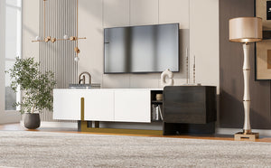 English Elm VIBE Light Luxury 66.7" TV Stand for Up to 70" TVs — Gold-Accented Wood Grain Cabinet with Metal Legs White N724P321446K