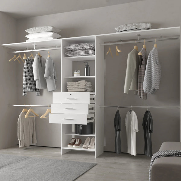 English Elm White Modular Closet Organizer System with Shelves, Drawers & Multiple Hanging Rods for Walk-In Closets and Bedrooms, Durable White Finish, Customizable Storage Solution B062S00623