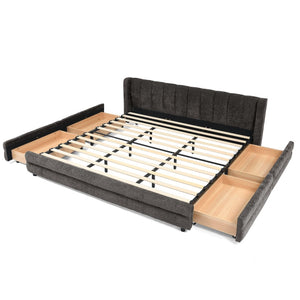 English Elm King Chenille Upholstered Platform Bed with Storage Drawers and Structured Headboard Dark Gray W487S00415