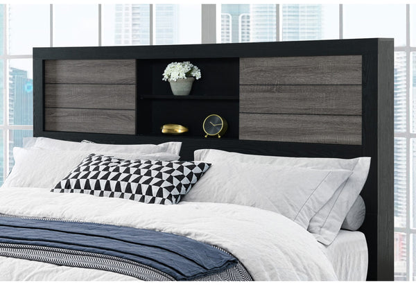 English Elm SOLUTO Urban Farmhouse Bookcase Bed with Rustic Gray Wood Inlay, Solid Wood & MDF Construction, Sleek Storage Headboard Grey and Black Queen B201S00282