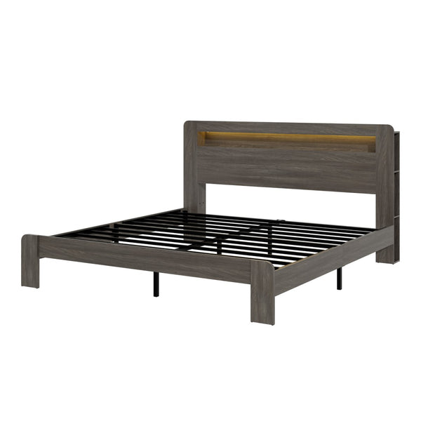 English Elm Bed King Platform Wood Frame Led Headboard Usb Charging Ports Under Storage Dark Grey W636P288910