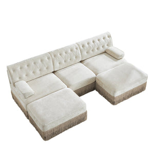 English Elm U Shaped Modular Sectional Sofa Chesterfield Tufted Velvet with Tassel Fringe Skirt Beige W714S01687