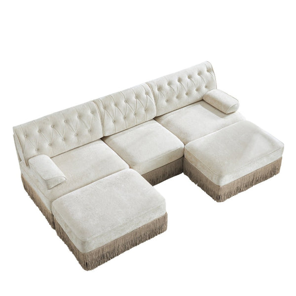 English Elm U Shaped Modular Sectional Sofa Chesterfield Tufted Velvet with Tassel Fringe Skirt Beige W714S01687