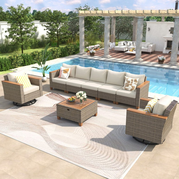 English Elm K&k 8 Piece Outdoor Wicker Sectional Set with Swivel Rockers and Acacia Storage Table Beige+Brown N707S005016Z