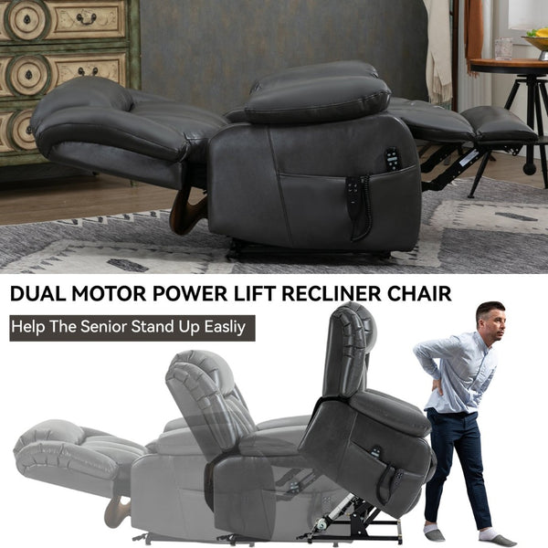 English Elm Dual Motor Power Lift Recliner with Massage Heat and 180 Degree Brown Lounge Chair W1803S00065
