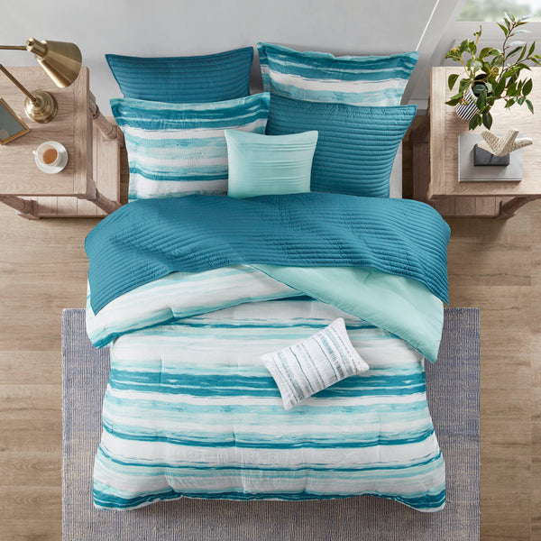 JLA Home Madison Park - 8 Seersucker Comforter and Quilt Set - Coastal Watercolor Stripes, Embroidered Pillows, Lightweight Luxury 92 L x 104 W x 1.5H MP10-7947