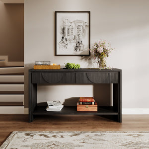 English Elm Farmhouse Solid Wood Console Table with Carved Drawers, Tiered Shelf & Anti-Tip Stability (57.8") Black T3833P366463