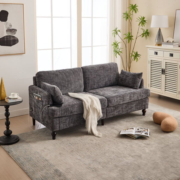 English Elm Modern chenille 2-seater sofa with LED, USB charging, storage pocket, solid wood legs, durable comfort Gray W395P318544