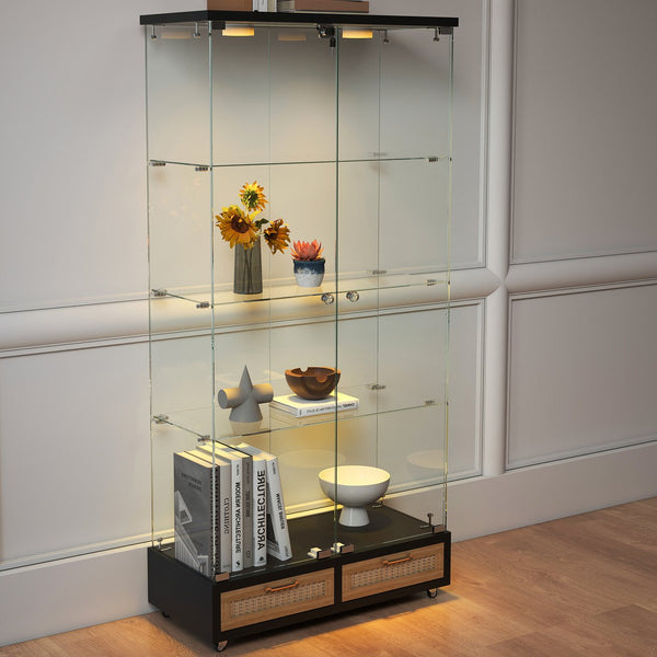English Elm Modern Glass Display Cabinet With Led Lights, 4 Shelves & Drawers - Stylish Furniture For Collectors W241S00057