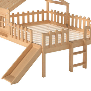 English Elm Twin Playhouse Loft Bed Solid Pine Frame with Slide Led Lights and Star Roof Natural W5316S00005