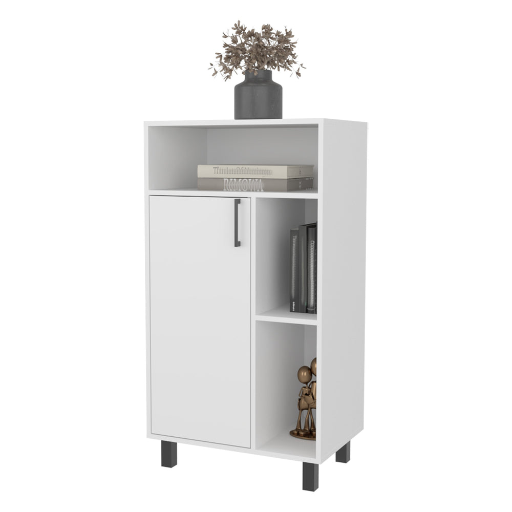 English Elm FM Blackwater Cabinet White – Space-Saving 1-Door Storage with Open Shelves, Scratch-Resistant Melamine Finish, Modern 43.9" x 23.6" x 15.7" B128P301382