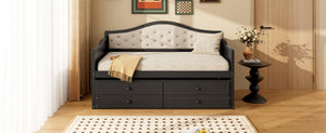English Elm Twin Daybed with Trundle and 2 Storage Drawers, Upholstered Button-Tufted Sofa Bed for Guest Room Comfort and Organization Black 45.25 L x 19 W x 8 H N733S346767P