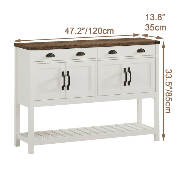 English Elm 47'' Modern Farmhouse Console Storage Table with Two Drawers Four-Door Cabinet and Slatted Shelf for Entryway Living Room Organization and Display Brown,Soft White T3771P372058