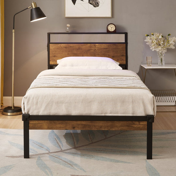 English Elm Twin Metal Platform Bed Frame with Wooden Headboard & Footboard, USB Port, 10" Storage, 400LB Limit W2297P222789