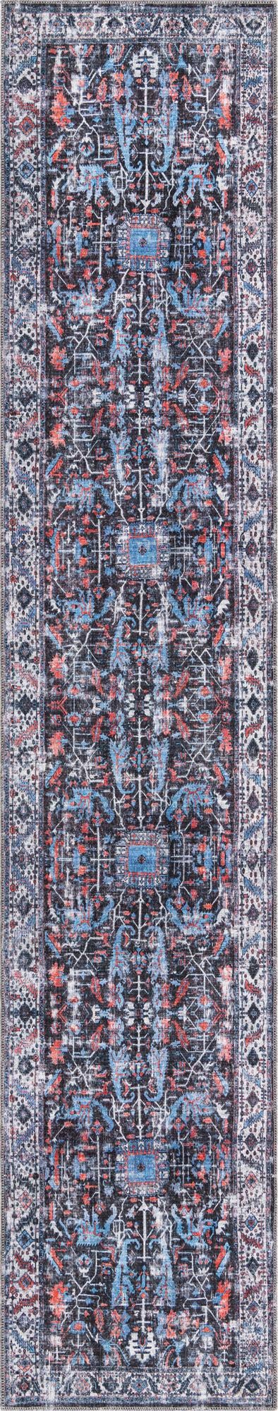 Unique Loom Mangata Mahtaab Machine Made Border Rug Black, Blue/Ivory/Light Blue/Peach/Red 2' 7" x 13' 1"