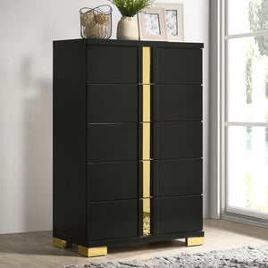 English Elm Black Sleek Chest with Gold Accents and Acrylic Trim, Dust‑Proof Drawers, Metal Bracket Legs, Modern Appeal Black,Gold 20 L x 35 W x 50 H B2741P370857