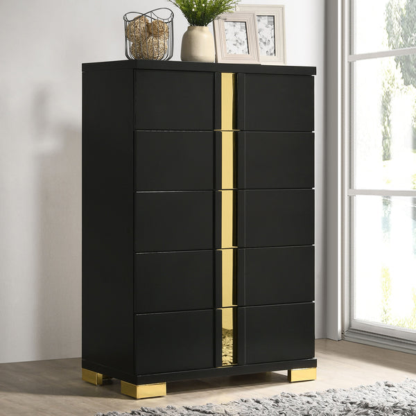 English Elm Black Sleek Chest with Gold Accents and Acrylic Trim, Dust‑Proof Drawers, Metal Bracket Legs, Modern Appeal Black,Gold 20 L x 35 W x 50 H B2741P370857