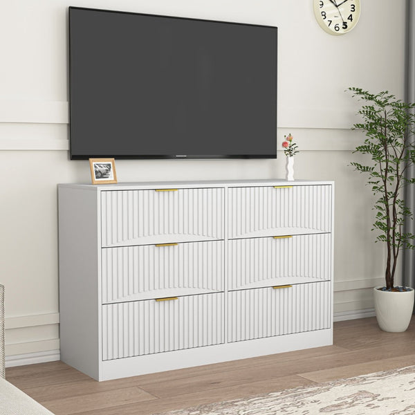 English Elm Modern Six Drawer Chest with Wavy Textured Fronts Sleek Matte Storage for Any Room White W409P307526