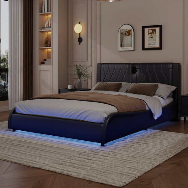 English Elm Queen Luxurious Faux Leather Platform Bed with Thick Headboard, Bluetooth Speakers & RGB Ambience Lights Black 62.6 L x 19.69 W x 12.99 H N701P241047B