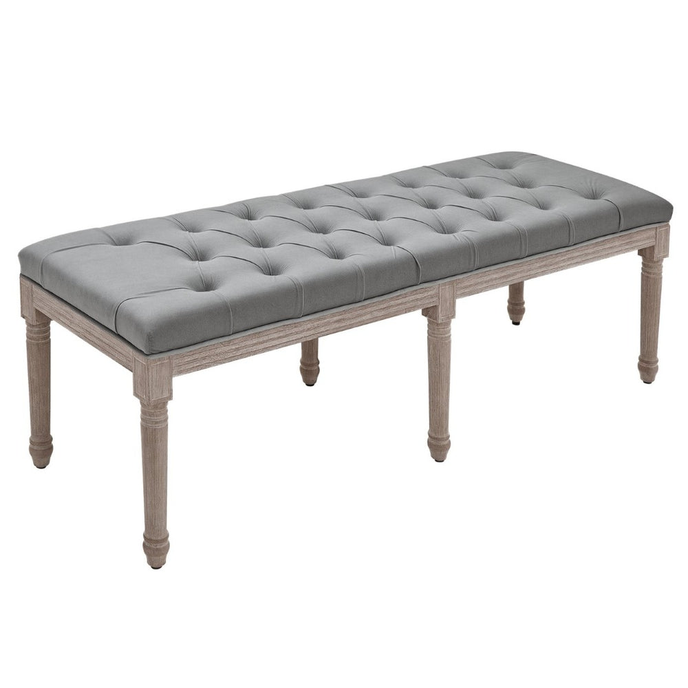 English Elm Bedroom Button Tufted Bench White Carved Wood Frame French Vintage Entryway Seating T3971P387773