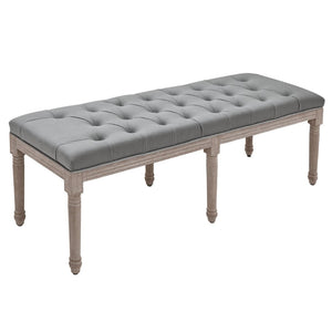 English Elm Bedroom Button Tufted Bench White Carved Wood Frame French Vintage Entryway Seating T3971P387773
