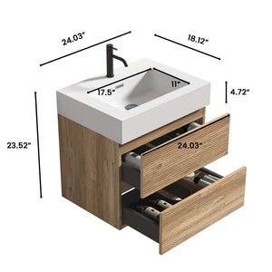 English Elm Grace Mid-Century Wall-Mounted Bathroom Vanity with White Quartz Basin, 20% More Storage, Soft-Closing Drawers and Hidden Handle for Quiet, Durable Modern Style Oak W1865S00115