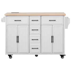 English Elm K&K 56.5" Kitchen Island with Drop Leaf, Embossed Vertical Stripe Barn Doors, Wheels & Charging Hub White N707P263094W