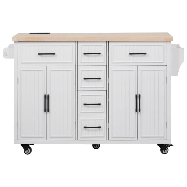 English Elm K&K 56.5" Kitchen Island with Drop Leaf, Embossed Vertical Stripe Barn Doors, Wheels & Charging Hub White N707P263094W