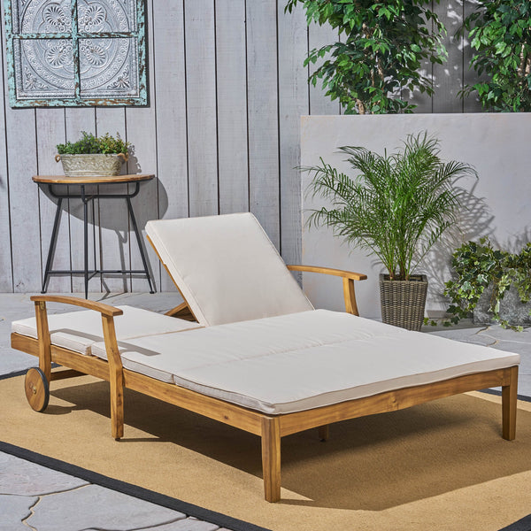 English Elm Christopher Knight Home® - Perla Double Chaise Lounge - Elegant Cream Acacia Wood For Poolside Relaxation & Adjustable Comfort 63357.00CRM