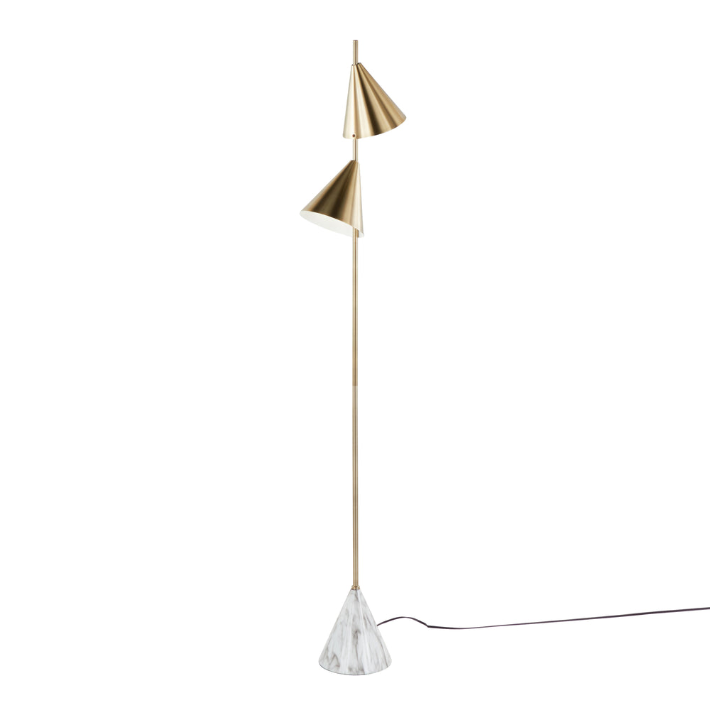 English Elm Cone 65" Glam Metal Floor Lamp with Brushed Finish, White Faux Marble Base, Dual Cone Shades, LED Gold B202P224137